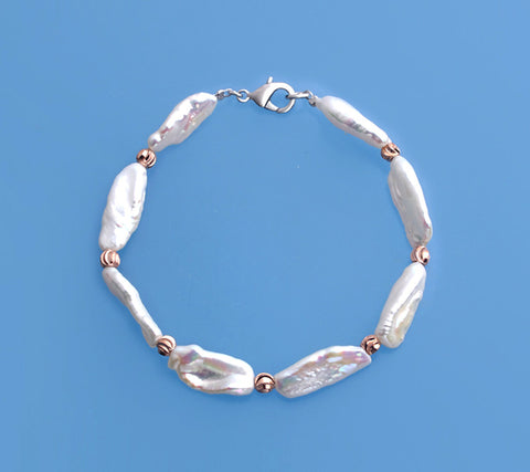 Sterling Silver Bracelet with 8-9mm Lute Shape Freshwater Pearl and Rose Gold Plated Iron