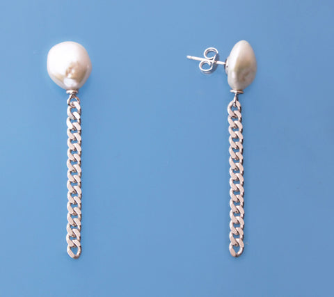 Sterling Silver Earrings with 10.5-11mm Baroque Shape Freshwater Pearl