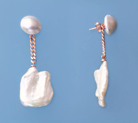 Rose Gold Plated Silver Earrings with Baroque Shape Freshwater Pearl