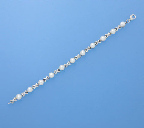 Sterling Silver Bracelet with 6.5-7mm Button Shape Freshwater Pearl