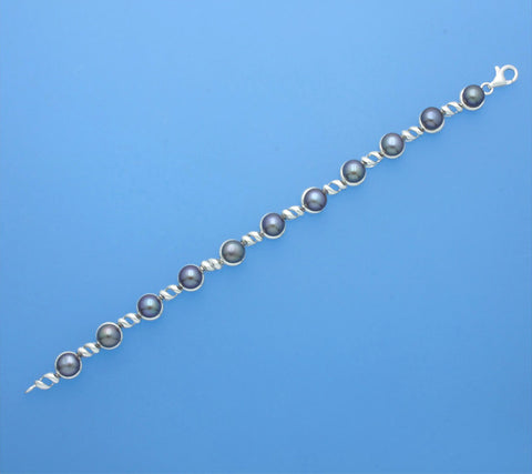 Sterling Silver Bracelet with 7-7.5mm Button Shape Freshwater Pearl