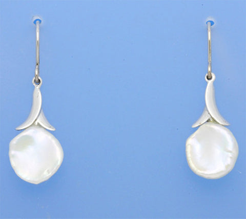 Sterling Silver Earrings with 11-11.5mm Keshi Shape Freshwater Pearl