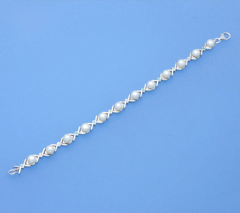 Sterling Silver Bracelet with 5-5.5mm Button Shape Freshwater Pearl and Cubic Zirconia