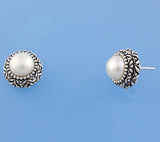 White and Black Plated Silver Earrings with 8.5-9mm Button Shape Freshwater Pearl - Wing Wo Hing Jewelry Group - Pearl Jewelry Manufacturer