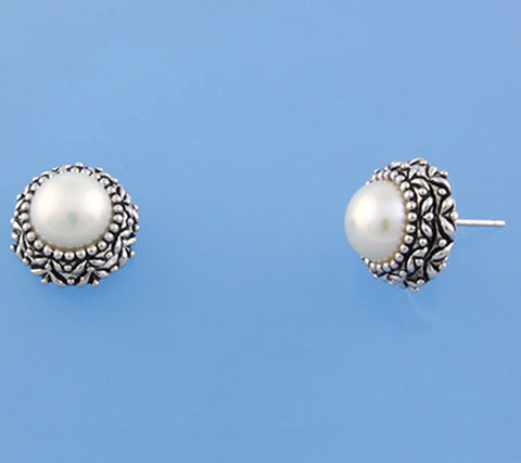 White and Black Plated Silver Earrings with 8.5-9mm Button Shape Freshwater Pearl