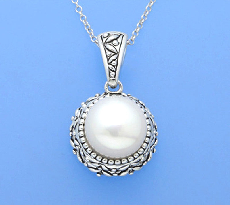 White and Black Plated Silver Pendant with 11.5-12mm Button Shape Freshwater Pearl - Wing Wo Hing Jewelry Group - Pearl Jewelry Manufacturer