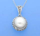 White and Black Plated Silver Pendant with 11.5-12mm Button Shape Freshwater Pearl - Wing Wo Hing Jewelry Group - Pearl Jewelry Manufacturer