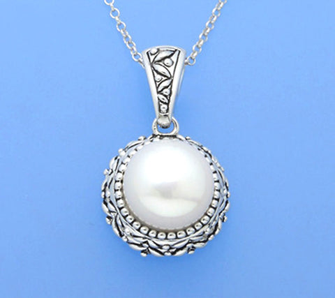 White and Black Plated Silver Pendant with 11.5-12mm Button Shape Freshwater Pearl