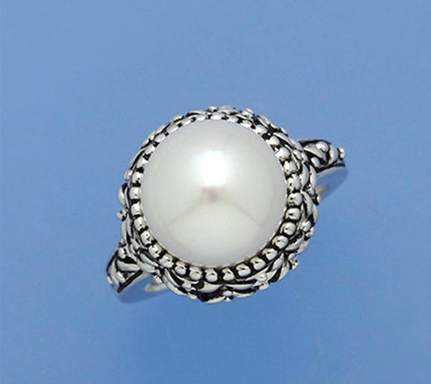 White and Black Plated Silver Ring with 11.5-12mm Button Shape Freshwater Pearl