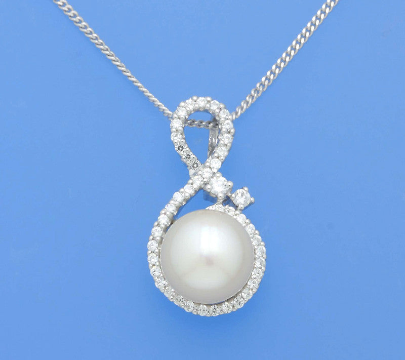 Sterling Silver Pendant with 9-9.5mm Button Shape Freshwater Pearl and Cubic Zirconia - Wing Wo Hing Jewelry Group - Pearl Jewelry Manufacturer