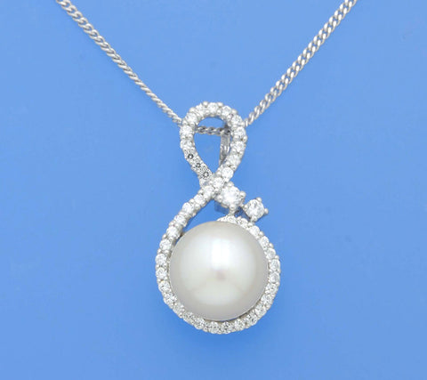 Sterling Silver Pendant with 9-9.5mm Button Shape Freshwater Pearl and Cubic Zirconia