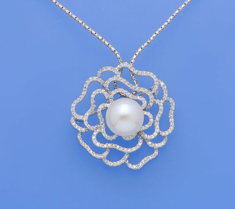 Sterling Silver Pendant with 13-13.5mm Button Shape Freshwater Pearl and Cubic Zirconia