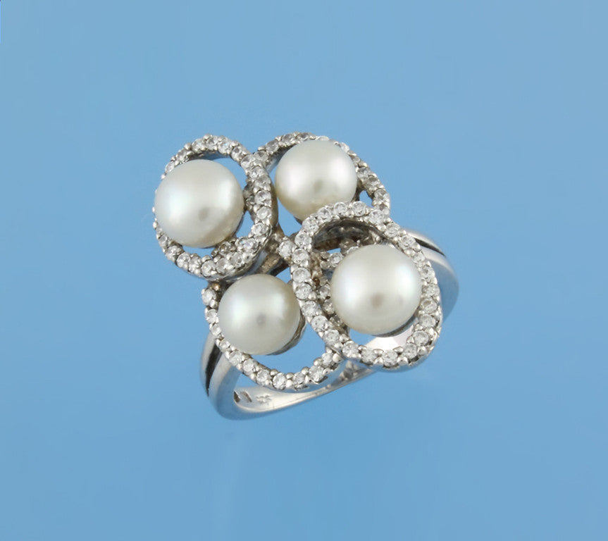 Sterling Silver Ring with 5.5-6mm Button Shape Freshwater Pearl and Cubic Zirconia - Wing Wo Hing Jewelry Group - Pearl Jewelry Manufacturer