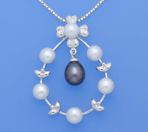 Sterling Silver Pendant with Button and Drop Shape Freshwater Pearl and Cubic Zirconia