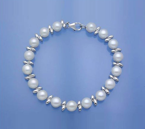 Sterling Silver Bracelet with 7-7.5mm Button Shape Freshwater Pearl
