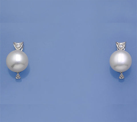 Sterling Silver Earrings with 8-8.5mm Button Shape Freshwater Pearl and Cubic Zirconia