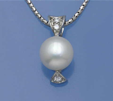 Sterling Silver Pendant with 8.5-9mm Button Shape Freshwater Pearl and Cubic Zirconia