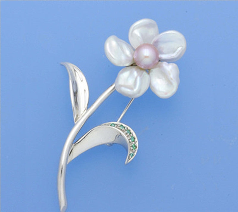 Sterling Silver Brooch with Button and Keshi Shape Freshwater Pearl and Cubic Zirconia - Wing Wo Hing Jewelry Group - Pearl Jewelry Manufacturer