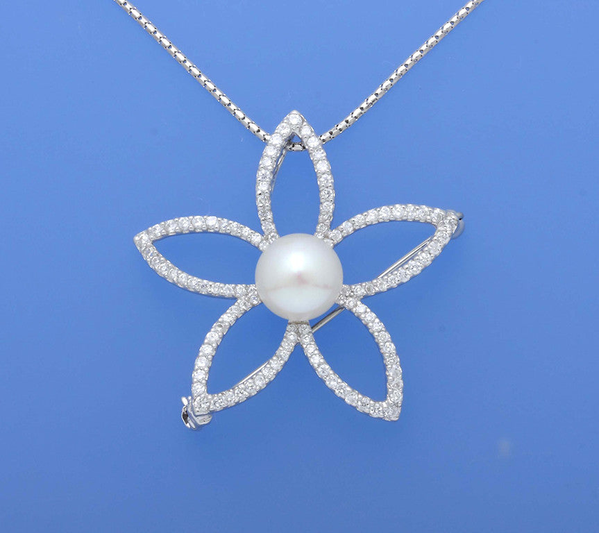 Sterling Silver Pendant with 10-10.5mm Button Shape Freshwater Pearl and Cubic Zirconia - Wing Wo Hing Jewelry Group - Pearl Jewelry Manufacturer