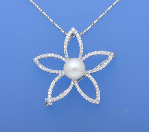 Sterling Silver Pendant with 10-10.5mm Button Shape Freshwater Pearl and Cubic Zirconia