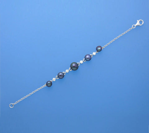 Sterling Silver Bracelet with Button Shape Freshwater Pearl and Cubic Zirconia