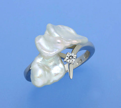 Sterling Silver Ring with Baroque Shape Freshwater Pearl and Cubic Zirconia