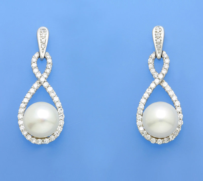 Sterling Silver Earrings with 11.5-12mm Button Shape Freshwater Pearl and Cubic ZIrconia - Wing Wo Hing Jewelry Group - Pearl Jewelry Manufacturer