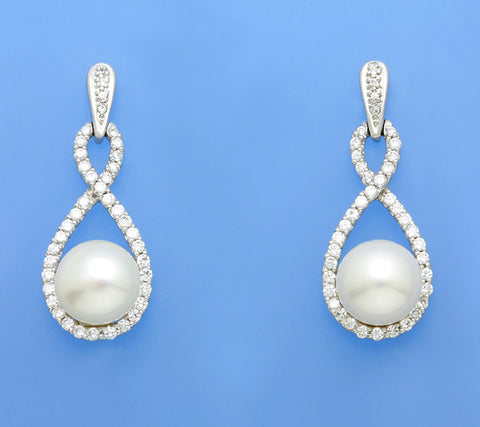 Sterling Silver Earrings with 11.5-12mm Button Shape Freshwater Pearl and Cubic ZIrconia