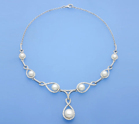 Sterling Silver Necklace with Button Shape Freshwater Pearl and Cubic Zirconia