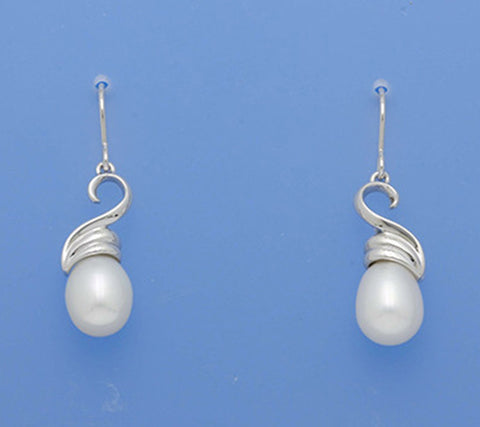 Sterling Silver Earrings with 9-9.5mm Drop Shape Freshwater Pearl