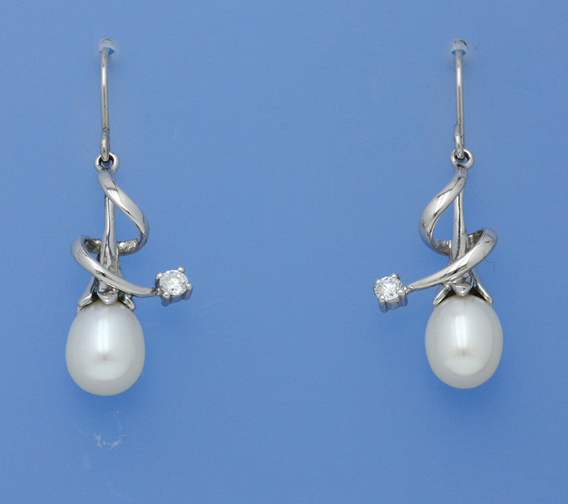 Sterling Silver Earrings with 8-8.5mm Oval Shape Freshwater Pearl and Cubic Zirconia - Wing Wo Hing Jewelry Group - Pearl Jewelry Manufacturer
