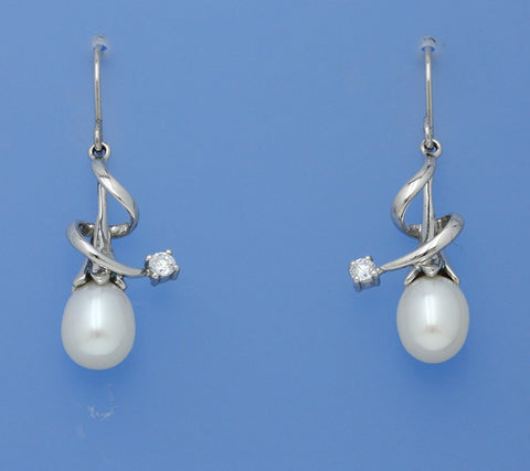 Sterling Silver Earrings with 8-8.5mm Oval Shape Freshwater Pearl and Cubic Zirconia