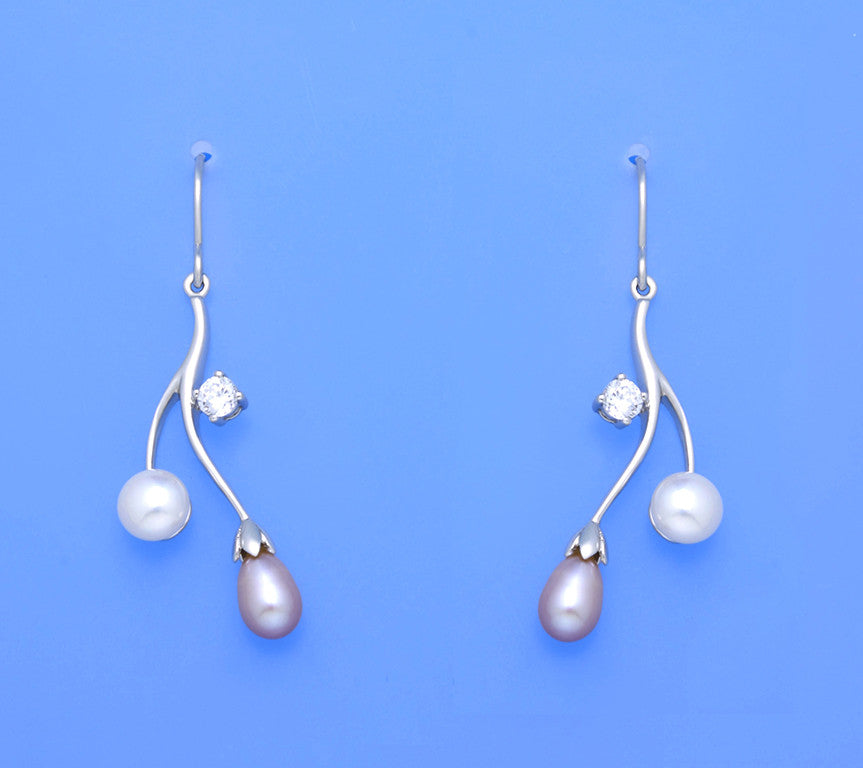 Sterling Silver Earrings with Button and Oval Shape Freshwater Pearl and Cubic Zirconia - Wing Wo Hing Jewelry Group - Pearl Jewelry Manufacturer