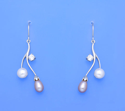 Sterling Silver Earrings with Button and Oval Shape Freshwater Pearl and Cubic Zirconia
