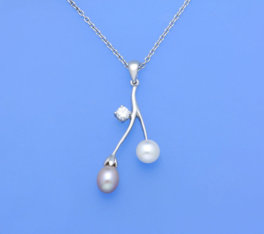 Sterling Silver Pendant with Oval and Button Shape Freshwater Pearl and Cubic Zirconia - Wing Wo Hing Jewelry Group - Pearl Jewelry Manufacturer