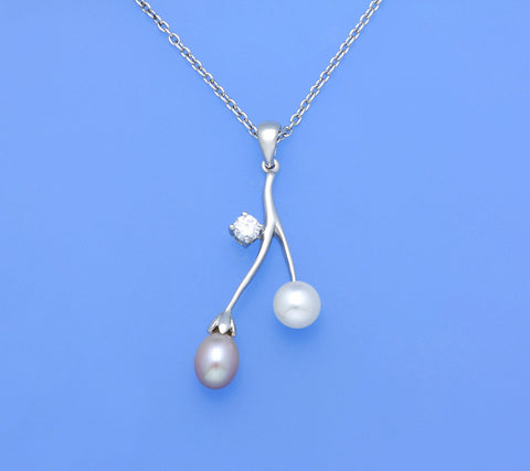 Sterling Silver Pendant with Oval and Button Shape Freshwater Pearl and Cubic Zirconia