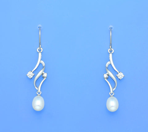 Sterling Silver Earrings with 6-6.5mm Oval Shape Freshwater Pearl and Cubic Zirconia