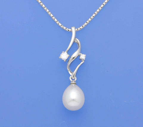 Sterling Silver Pendant with 8.5-9mm Oval Shape Freshwater Pearl and Cubic Zirconia