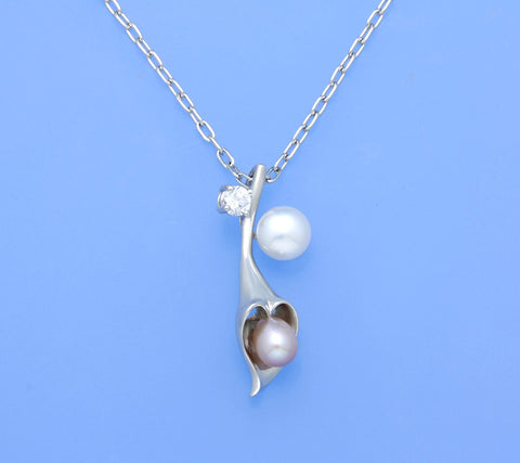 Sterling Silver Pendant with Button and Oval Shape Freshwater Pearl and Cubic Zirconia