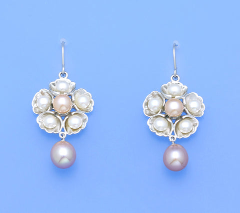 Sterling Silver Earrings with Oval and Button Shape Freshwater Pearl