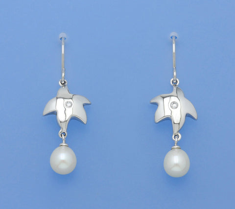Sterling Silver Earrings with 6.5-7mm Oval Shape Freshwater Pearl and Cubic Zirconia