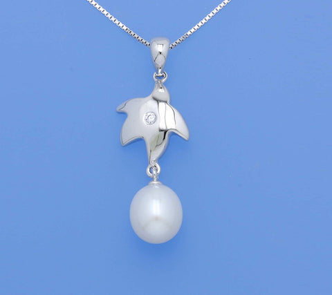 Sterling Silver Pendant with 8-8.5mm Oval Shape Freshwater Pearl and Cubic Zirconia