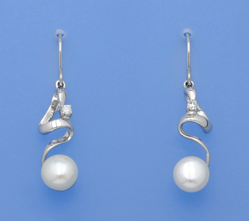 Sterling Silver Earrings with 7.5-8mm Button Shape Freshwater Pearl and Cubic Zirconia - Wing Wo Hing Jewelry Group - Pearl Jewelry Manufacturer