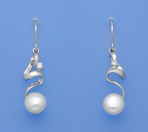 Sterling Silver Earrings with 7.5-8mm Button Shape Freshwater Pearl and Cubic Zirconia