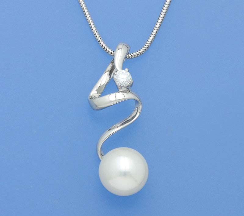 Sterling Silver Pendant with 10-10.5mm Button Shape Freshwater Pearl and Cubic Zirconia - Wing Wo Hing Jewelry Group - Pearl Jewelry Manufacturer