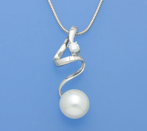 Sterling Silver Pendant with 10-10.5mm Button Shape Freshwater Pearl and Cubic Zirconia