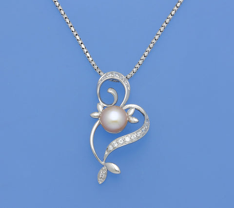 Sterling Silver Pendant with 8-8.5mm Button Shape Freshwater Pearl and Cubic Zirconia