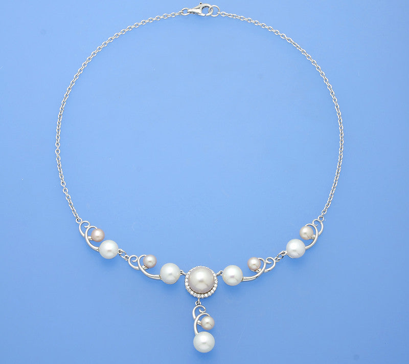 Sterling Silver Necklace with Button Shape Freshwater Pearl and Cubic Zirconia - Wing Wo Hing Jewelry Group - Pearl Jewelry Manufacturer