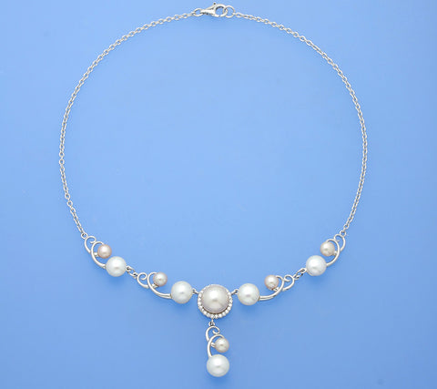 Sterling Silver Necklace with Button Shape Freshwater Pearl and Cubic Zirconia