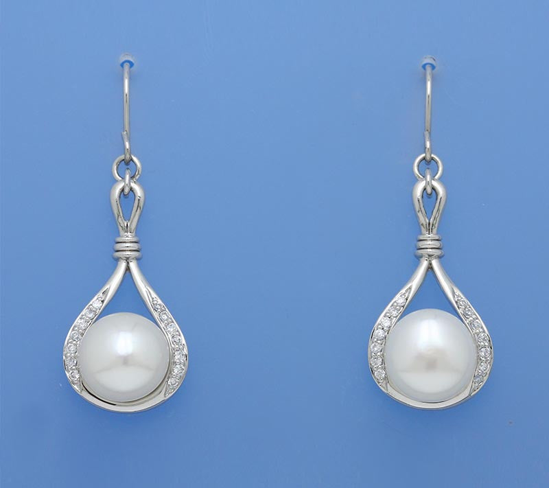 Sterling Silver Earrings with 11-11.5mm Button Shape Freshwater Pearl and Cubic Zirconia - Wing Wo Hing Jewelry Group - Pearl Jewelry Manufacturer